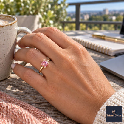 Pink Princess Cut Lab Grown Diamond Engagement Ring - Classic Solitaire in yellow gold, on the hand