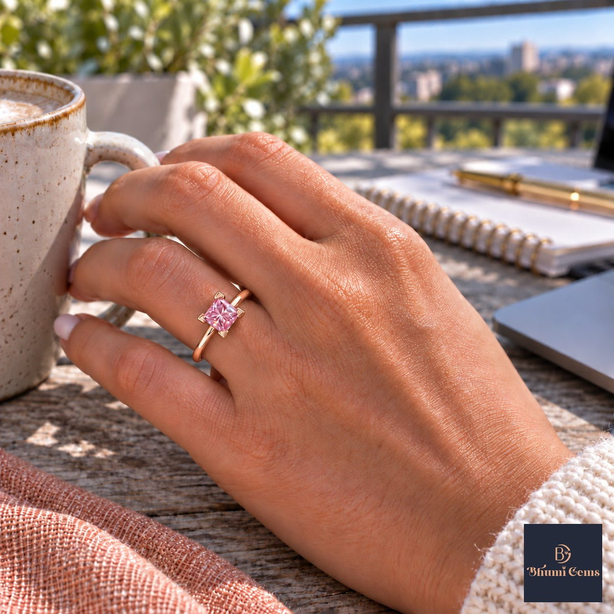 Pink Princess Cut Lab Grown Diamond Engagement Ring - Classic Solitaire in rose gold, on the hand