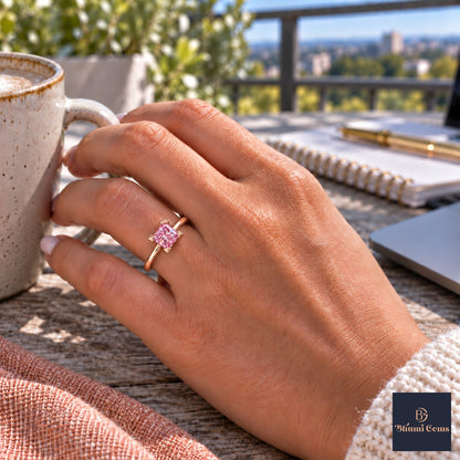 Pink Princess Cut Lab Grown Diamond Engagement Ring - Classic Solitaire in rose gold, on the hand