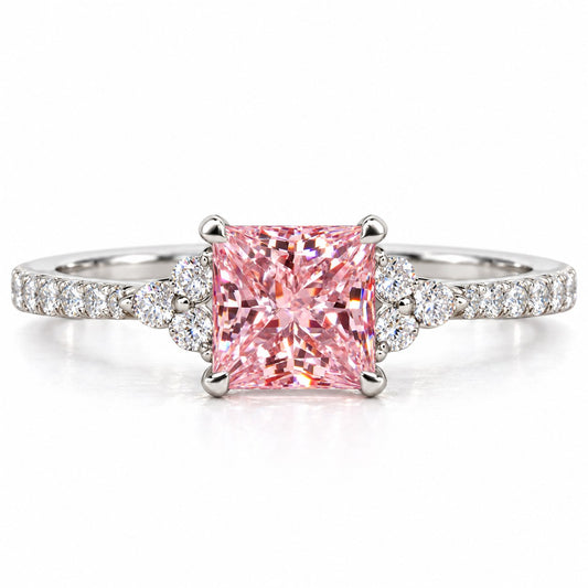 Pink Princess Cut Lab Grown Diamond Engagement Ring - Cluster Pave Band in white gold, front view