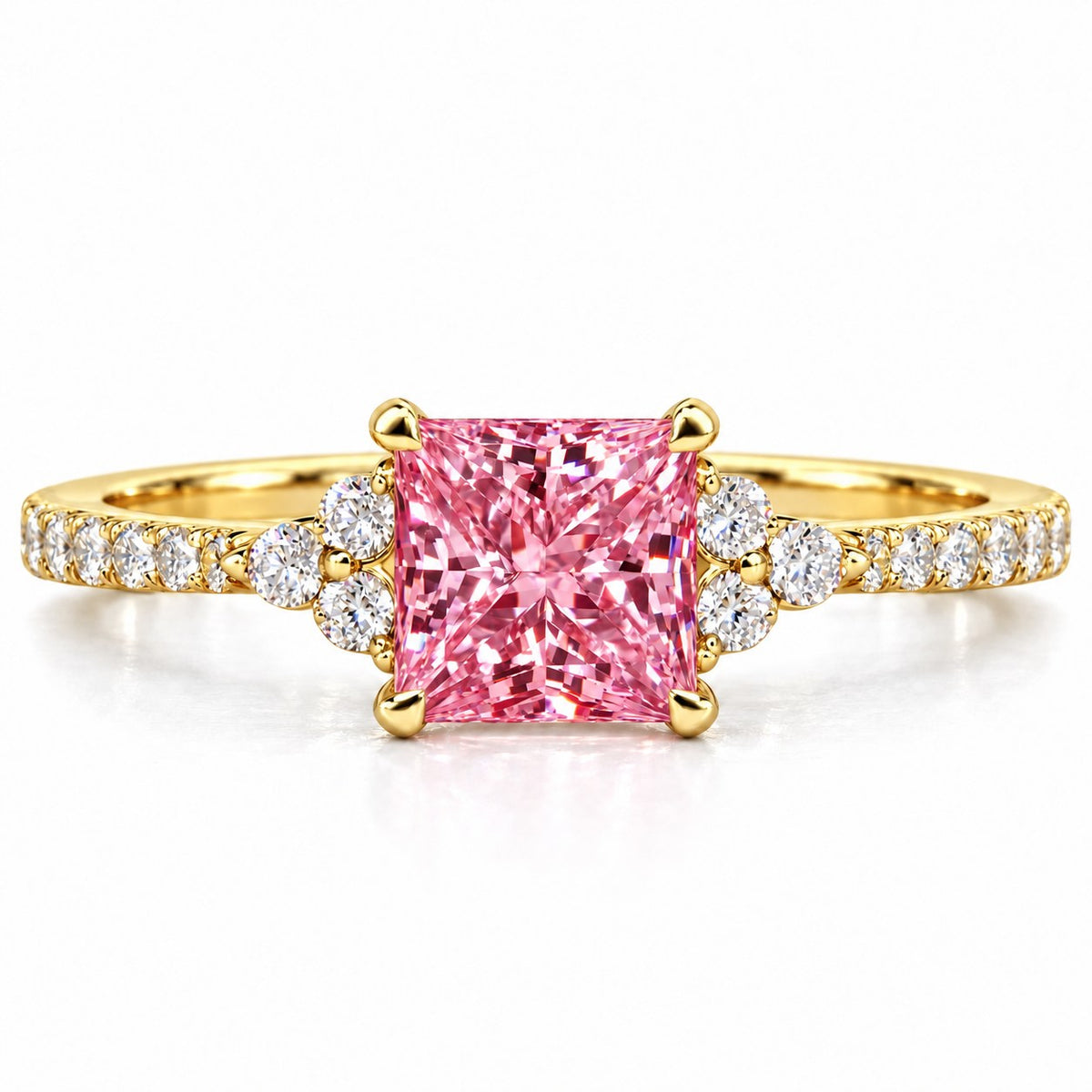 Pink Princess Cut Lab Grown Diamond Engagement Ring - Cluster Pave Band in yellow gold, front view