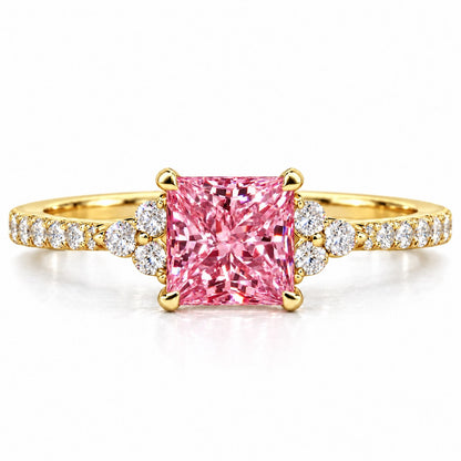 Pink Princess Cut Lab Grown Diamond Engagement Ring - Cluster Pave Band in yellow gold, front view