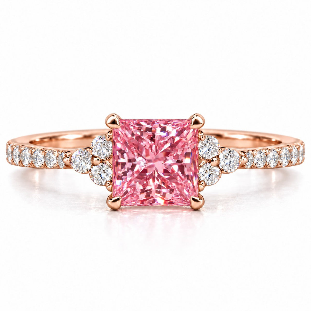 Pink Princess Cut Lab Grown Diamond Engagement Ring - Cluster Pave Band in rose gold, front view