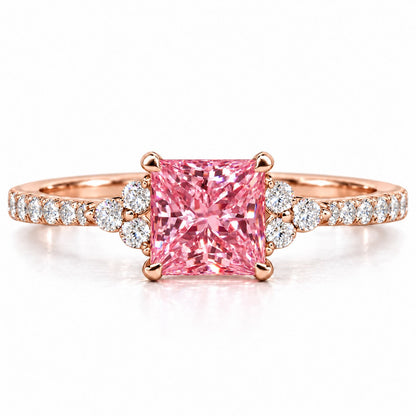 Pink Princess Cut Lab Grown Diamond Engagement Ring - Cluster Pave Band in rose gold, front view