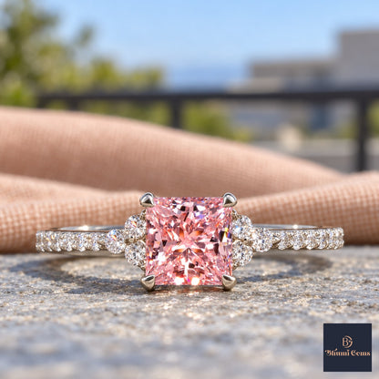 Pink Princess Cut Lab Grown Diamond Engagement Ring - Cluster Pave Band in white gold, close-up