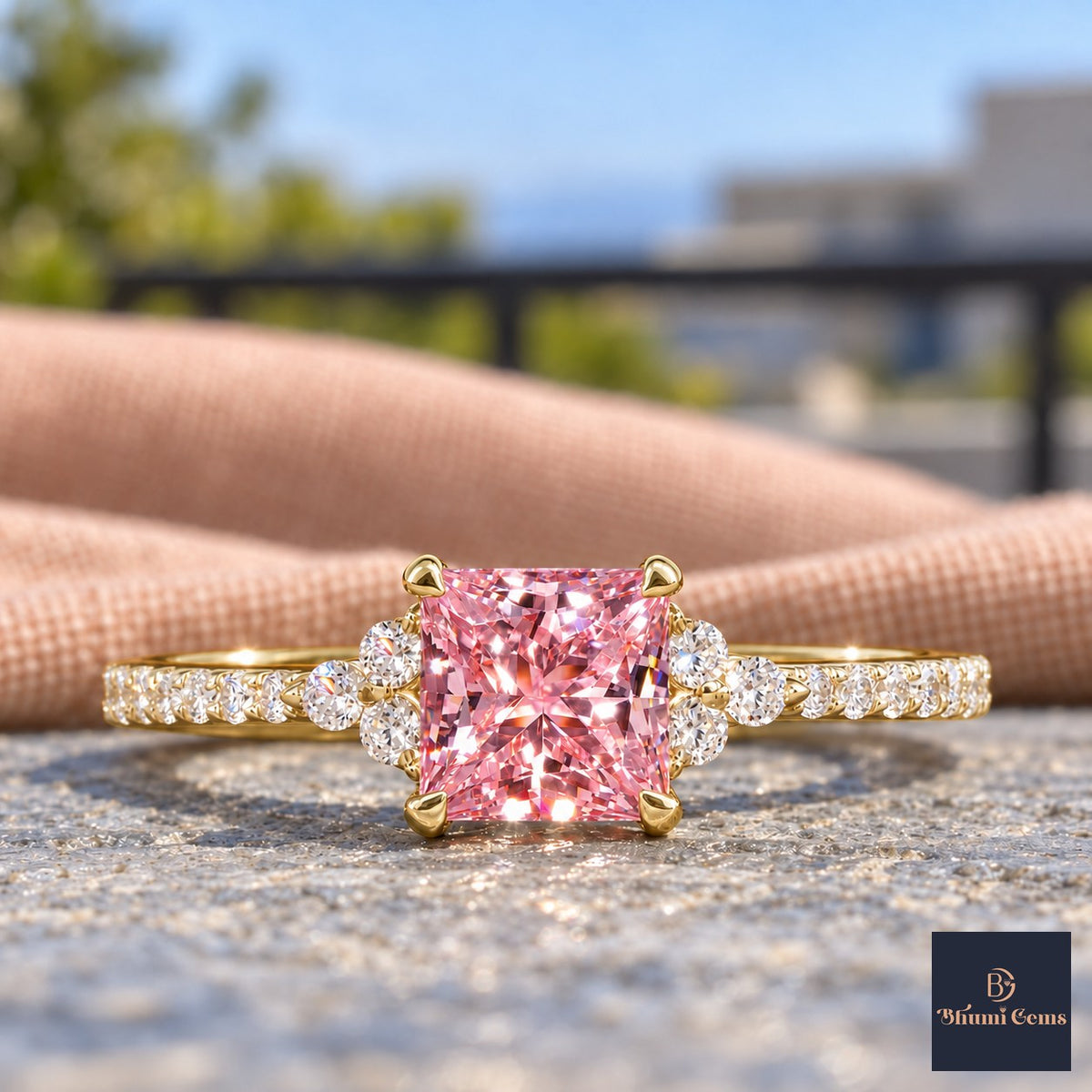 Pink Princess Cut Lab Grown Diamond Engagement Ring - Cluster Pave Band in yellow gold, close-up