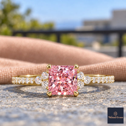 Pink Princess Cut Lab Grown Diamond Engagement Ring - Cluster Pave Band in yellow gold, close-up