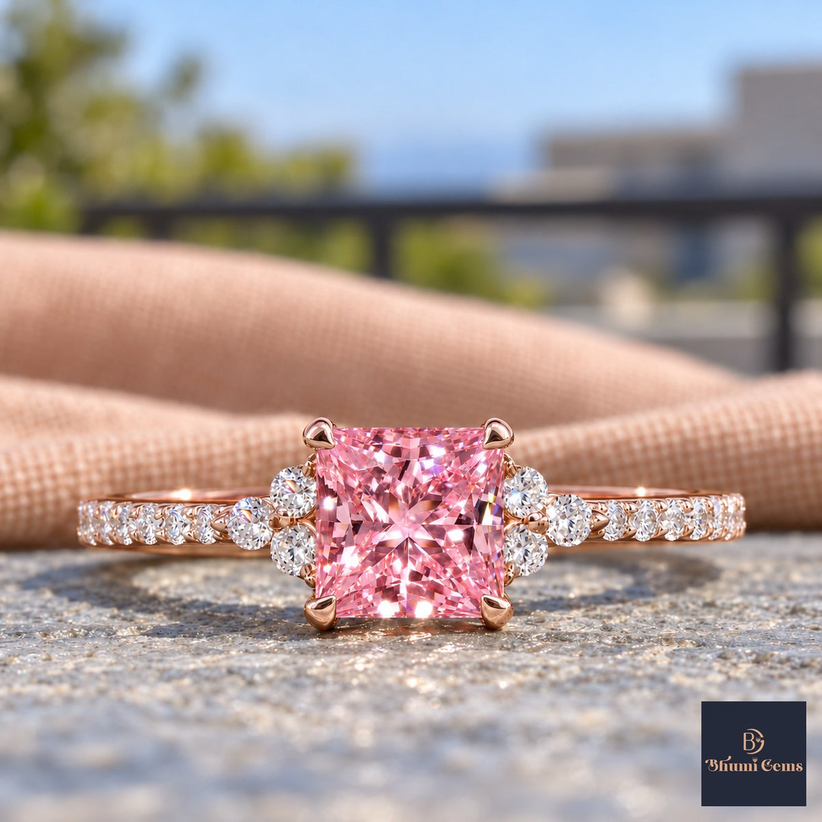 Pink Princess Cut Lab Grown Diamond Engagement Ring - Cluster Pave Band in rose gold, close-up