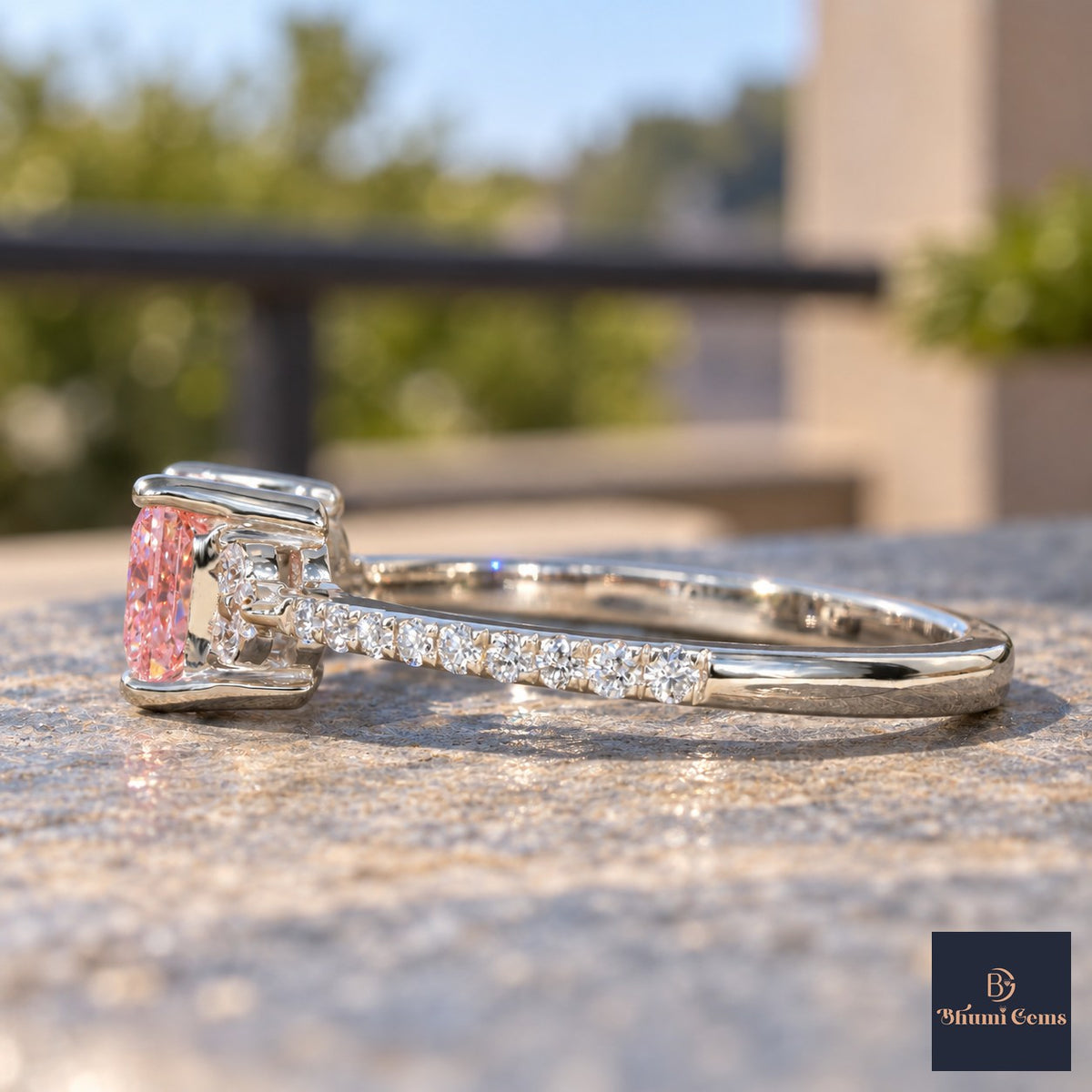 Pink Princess Cut Lab Grown Diamond Engagement Ring - Cluster Pave Band in white gold, side view