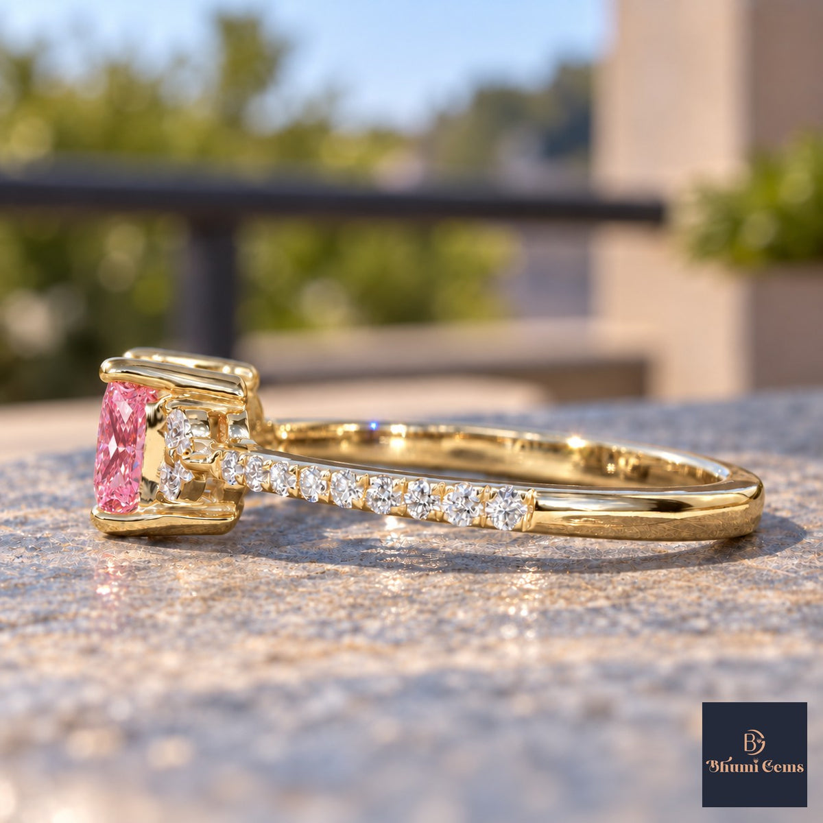 Pink Princess Cut Lab Grown Diamond Engagement Ring - Cluster Pave Band in yellow gold, side view