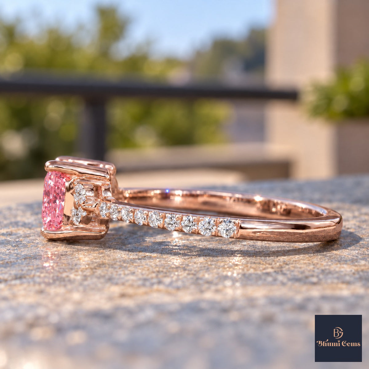Pink Princess Cut Lab Grown Diamond Engagement Ring - Cluster Pave Band in rose gold, side view