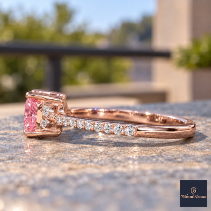 Pink Princess Cut Lab Grown Diamond Engagement Ring - Cluster Pave Band in rose gold, side view