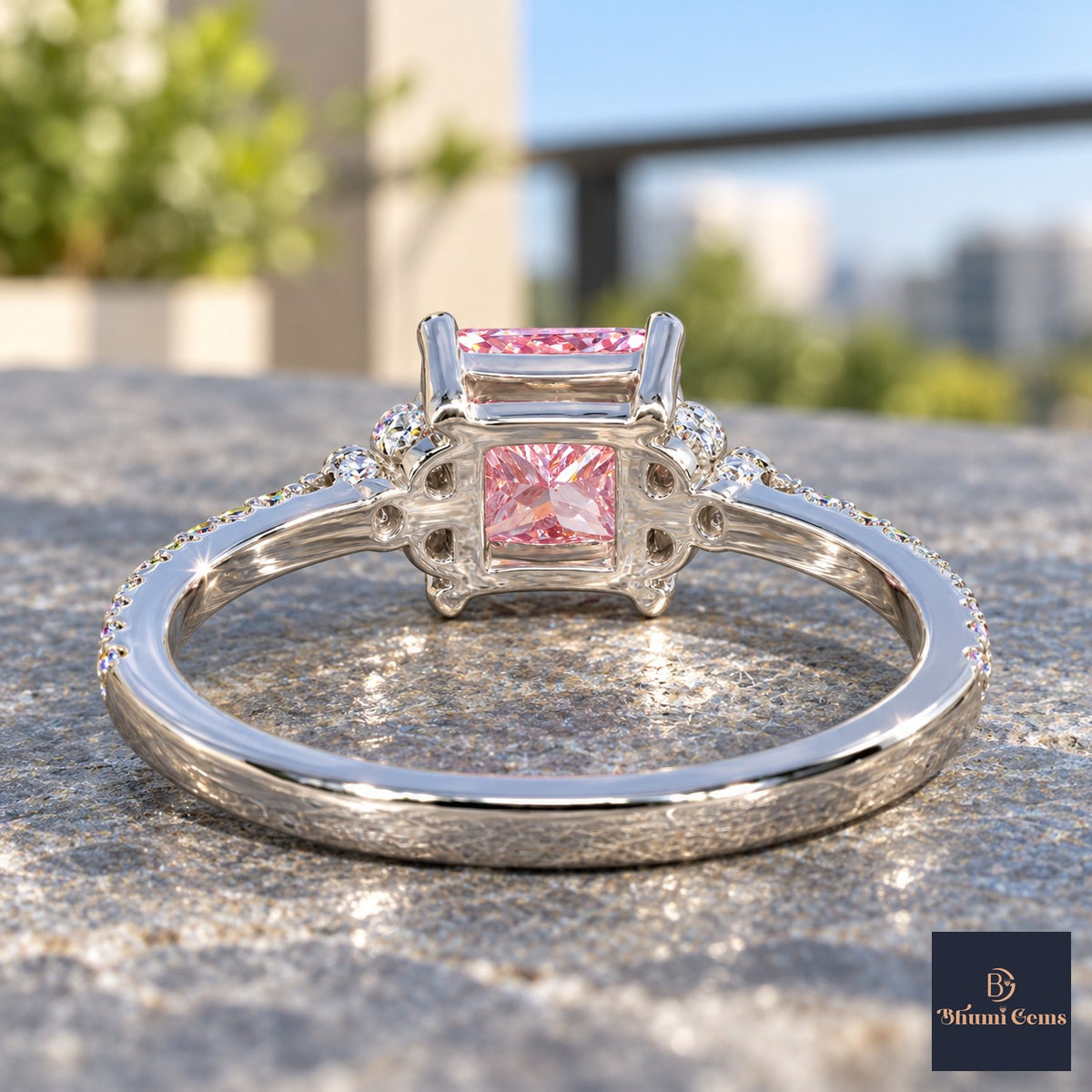Pink Princess Cut Lab Grown Diamond Engagement Ring - Cluster Pave Band in white gold, gallery view