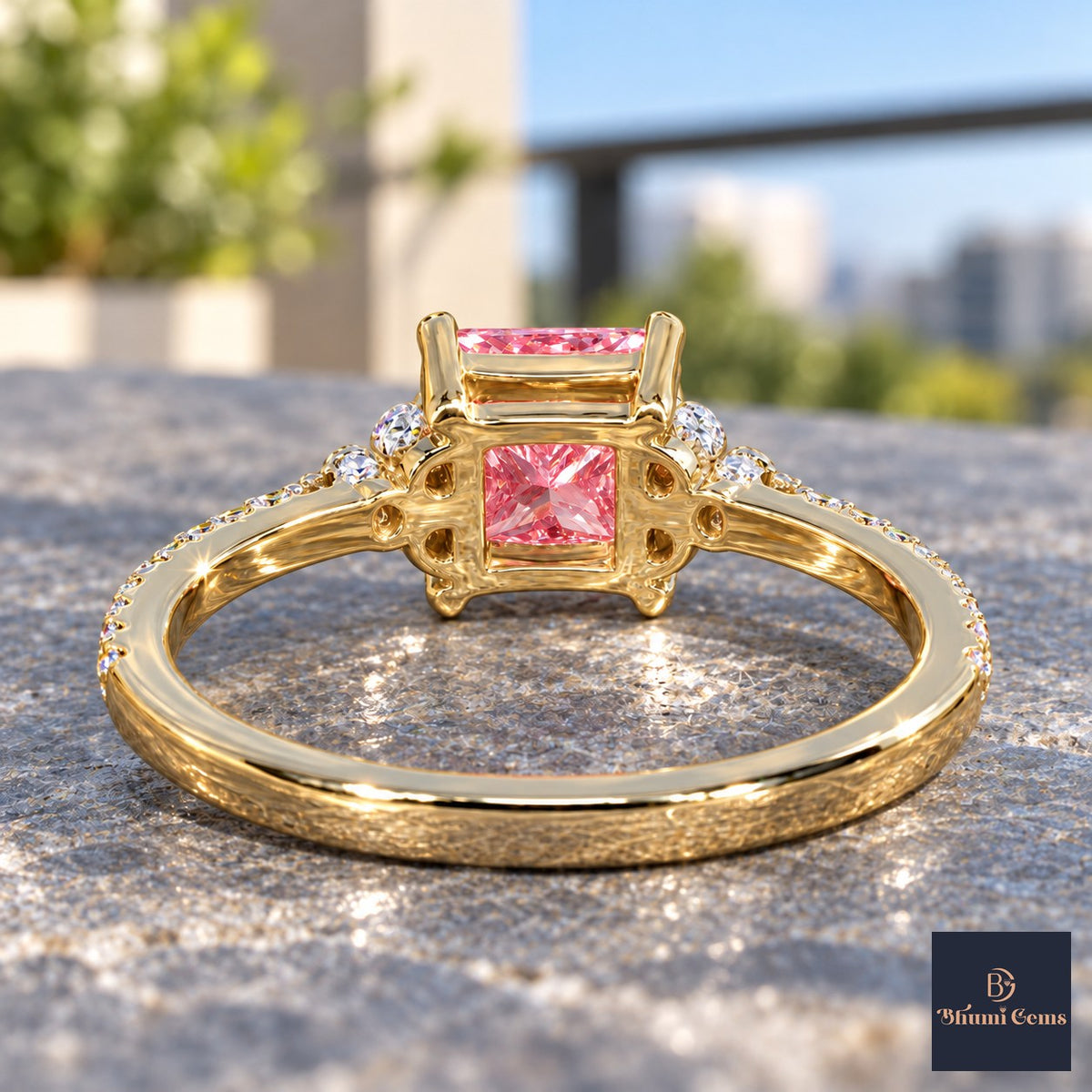 Pink Princess Cut Lab Grown Diamond Engagement Ring - Cluster Pave Band in yellow gold, gallery view