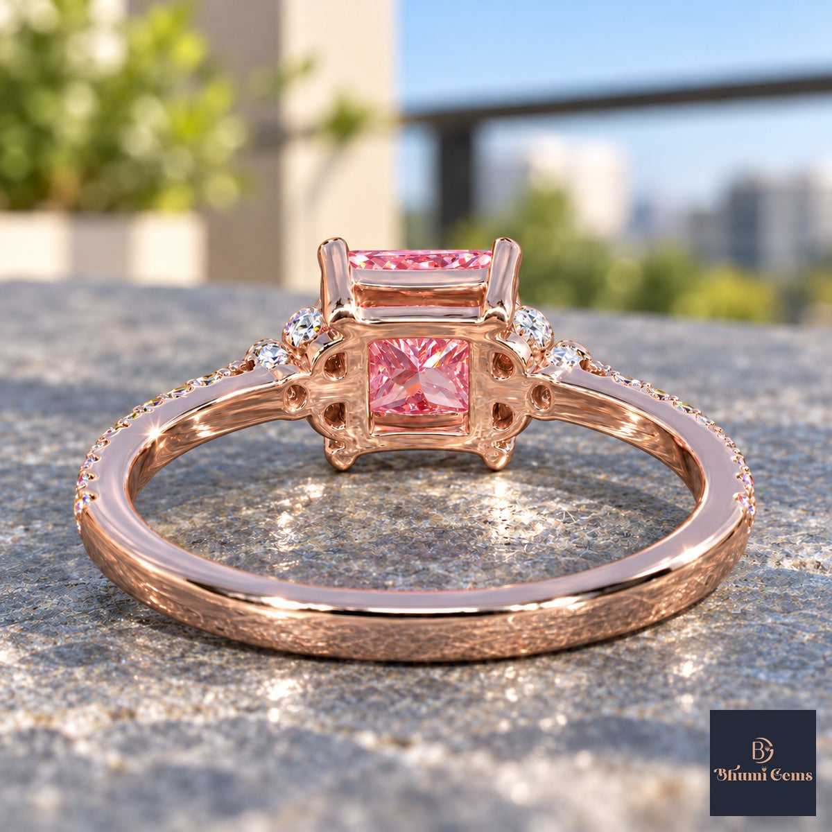 Pink Princess Cut Lab Grown Diamond Engagement Ring - Cluster Pave Band in rose gold, gallery view