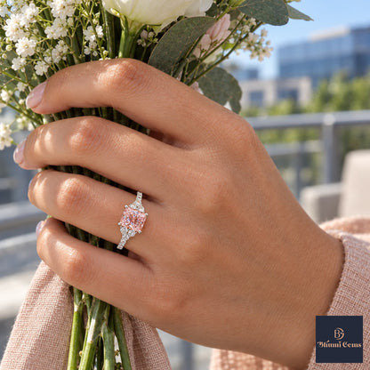 Pink Princess Cut Lab Grown Diamond Engagement Ring - Cluster Pave Band in white gold, on the hand