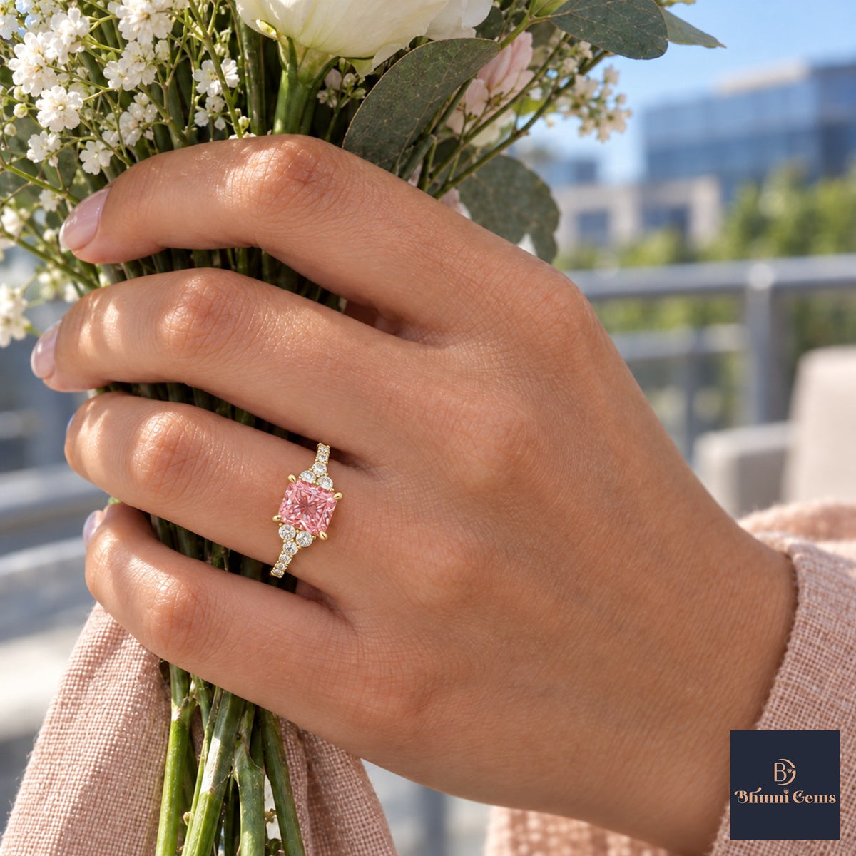 Pink Princess Cut Lab Grown Diamond Engagement Ring - Cluster Pave Band in yellow gold, on the hand