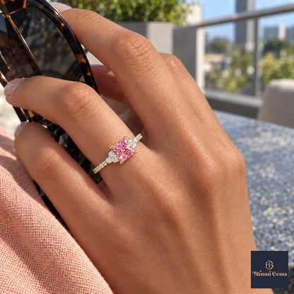 Pink Princess Cut Lab Grown Diamond Engagement Ring - Cluster Pave Band in yellow gold, worn on the hand