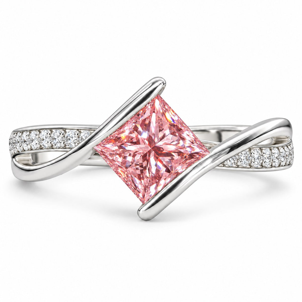 Pink Princess Cut Lab Grown Diamond Engagement Ring - Kite Set Pave Twist in white gold, front view