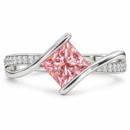 Pink Princess Cut Lab Grown Diamond Engagement Ring - Kite Set Pave Twist in white gold, front view
