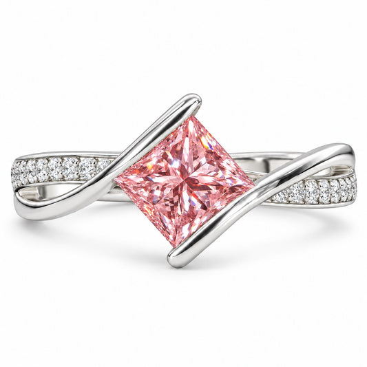 Pink Princess Cut Lab Grown Diamond Engagement Ring - Kite Set Pave Twist in white gold, front view
