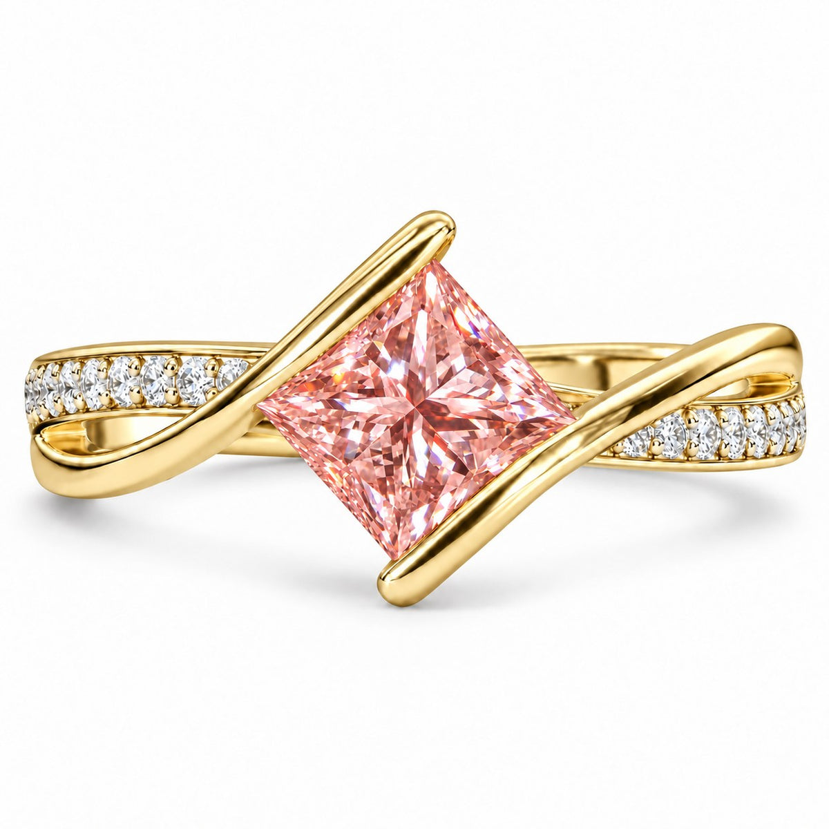 Pink Princess Cut Lab Grown Diamond Engagement Ring - Kite Set Pave Twist in yellow gold, front view