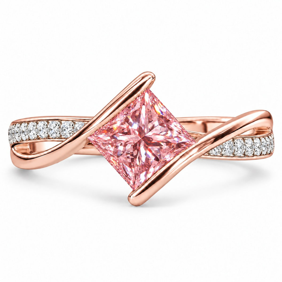 Pink Princess Cut Lab Grown Diamond Engagement Ring - Kite Set Pave Twist in rose gold, front view