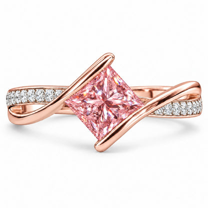 Pink Princess Cut Lab Grown Diamond Engagement Ring - Kite Set Pave Twist in rose gold, front view