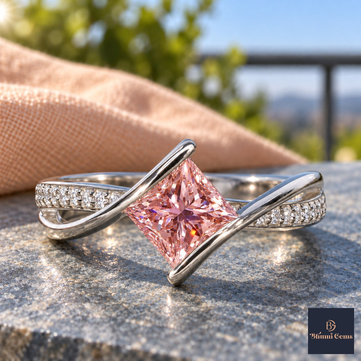 Pink Princess Cut Lab Grown Diamond Engagement Ring - Kite Set Pave Twist in white gold, close-up