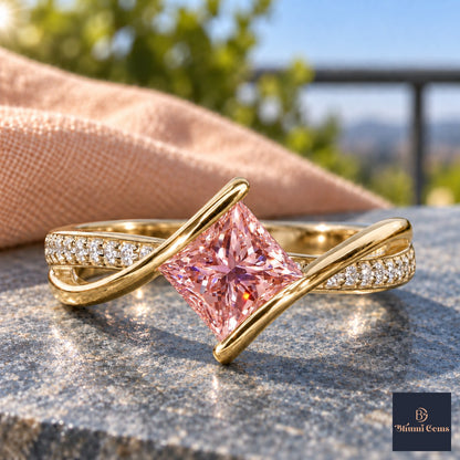 Pink Princess Cut Lab Grown Diamond Engagement Ring - Kite Set Pave Twist in yellow gold, close-up