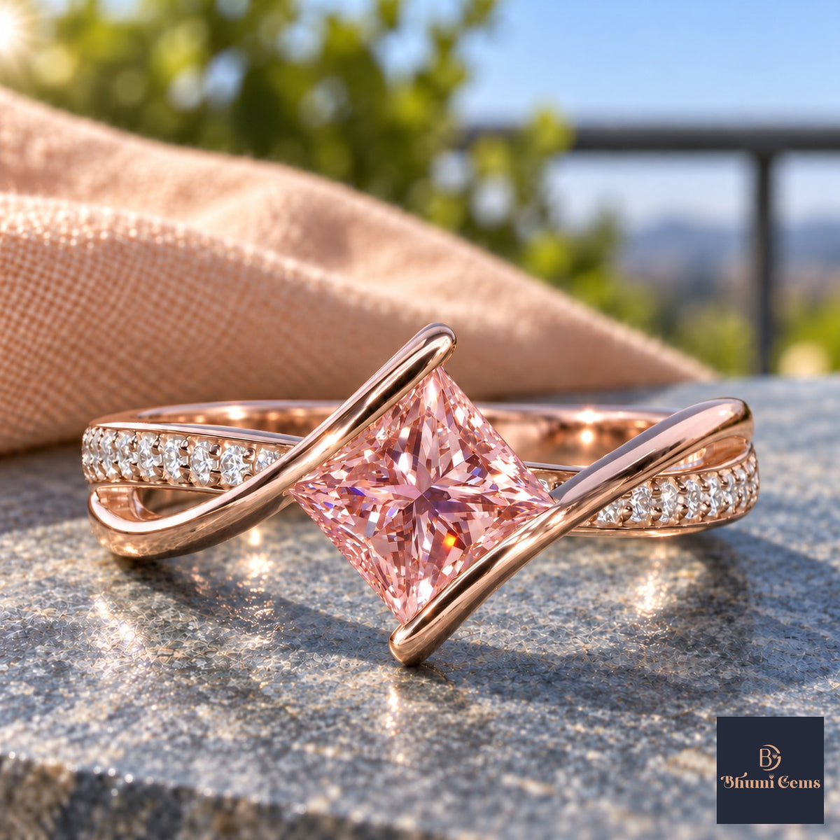 Pink Princess Cut Lab Grown Diamond Engagement Ring - Kite Set Pave Twist in rose gold, close-up