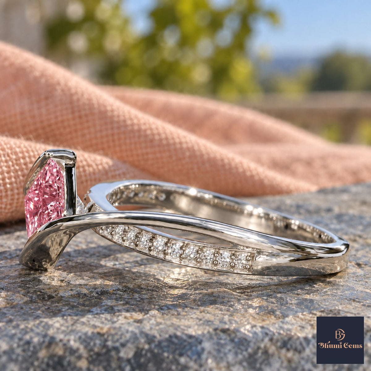 Pink Princess Cut Lab Grown Diamond Engagement Ring - Kite Set Pave Twist in white gold, side view