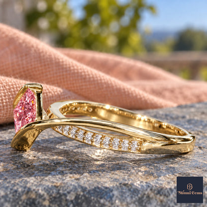 Pink Princess Cut Lab Grown Diamond Engagement Ring - Kite Set Pave Twist in yellow gold, side view