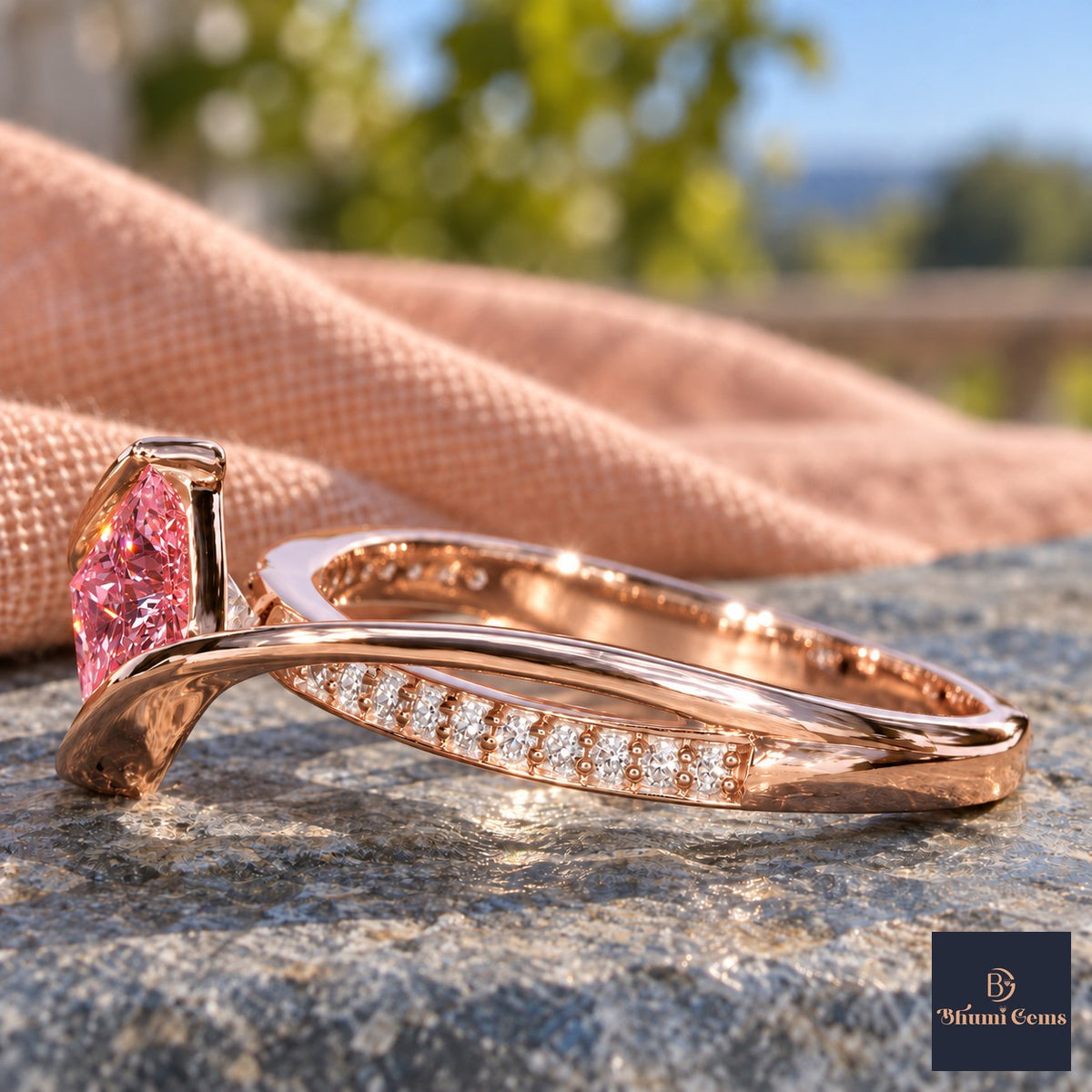 Pink Princess Cut Lab Grown Diamond Engagement Ring - Kite Set Pave Twist in rose gold, side view