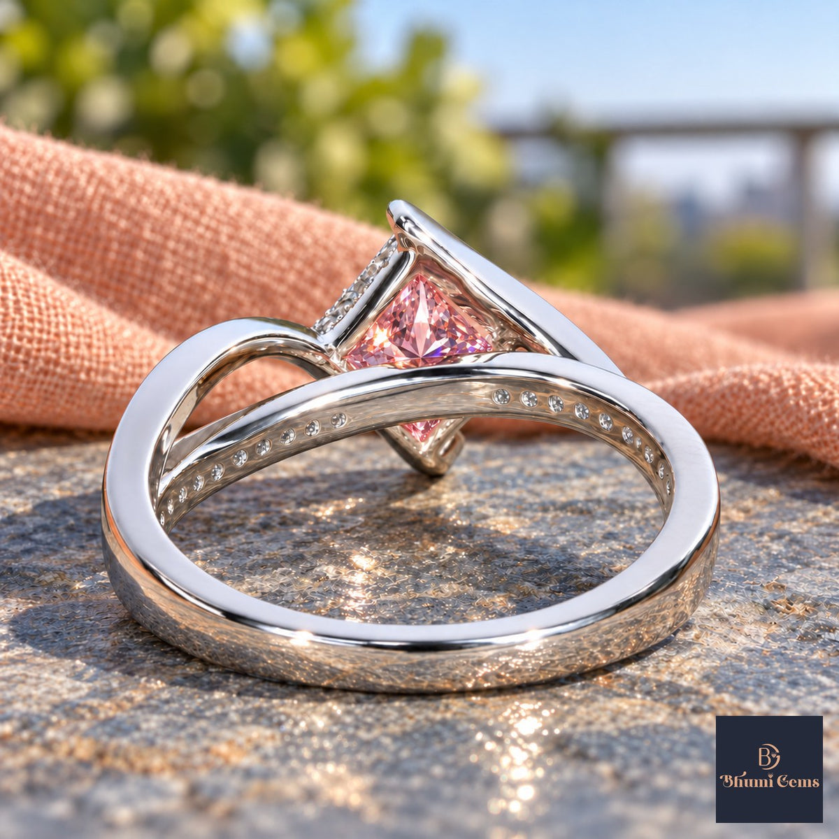 Pink Princess Cut Lab Grown Diamond Engagement Ring - Kite Set Pave Twist in white gold, gallery view