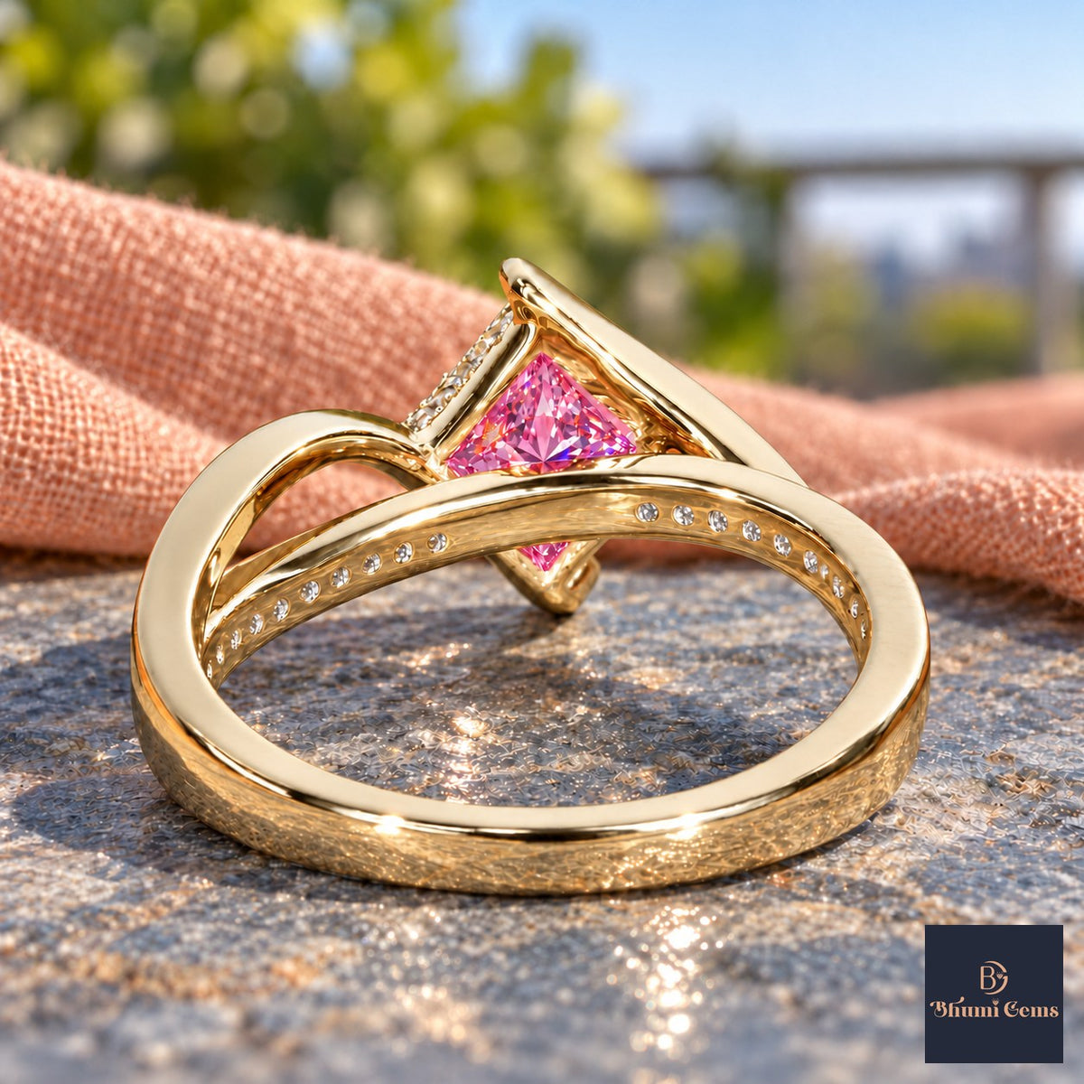 Pink Princess Cut Lab Grown Diamond Engagement Ring - Kite Set Pave Twist in yellow gold, gallery view