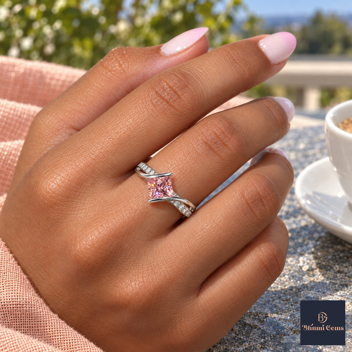 Pink Princess Cut Lab Grown Diamond Engagement Ring - Kite Set Pave Twist in white gold, on the hand