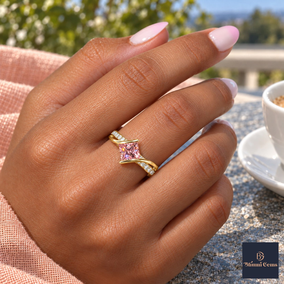 Pink Princess Cut Lab Grown Diamond Engagement Ring - Kite Set Pave Twist in yellow gold, on the hand