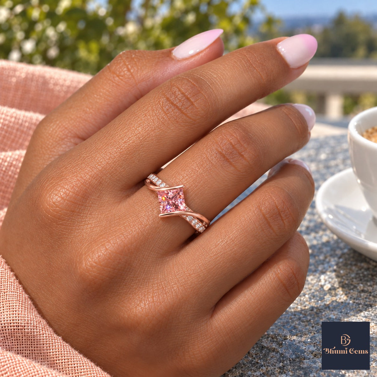Pink Princess Cut Lab Grown Diamond Engagement Ring - Kite Set Pave Twist in rose gold, on the hand