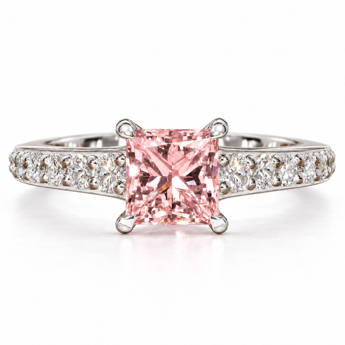 Pink Princess Cut Lab Grown Diamond Engagement Ring - Pave Band in white gold, front view
