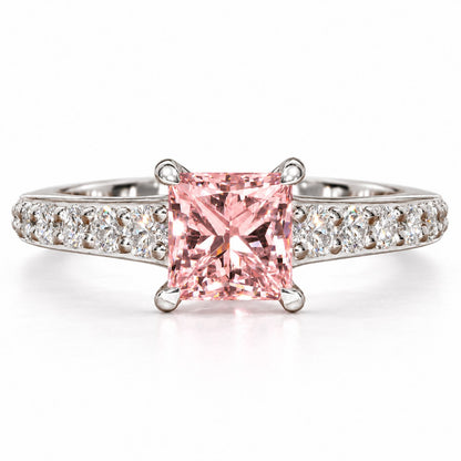 Pink Princess Cut Lab Grown Diamond Engagement Ring - Pave Band in white gold, front view