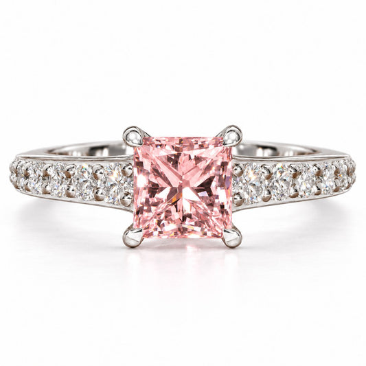 Pink Princess Cut Lab Grown Diamond Engagement Ring - Pave Band in white gold, front view