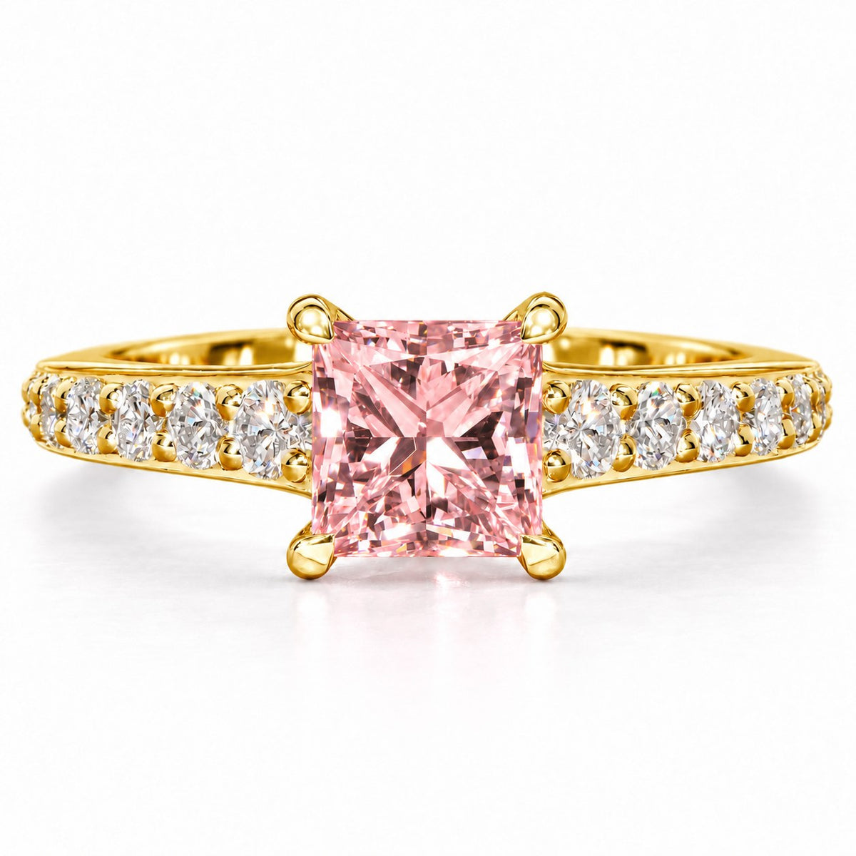 Pink Princess Cut Lab Grown Diamond Engagement Ring - Pave Band in yellow gold, front view