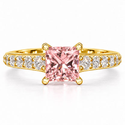 Pink Princess Cut Lab Grown Diamond Engagement Ring - Pave Band in yellow gold, front view