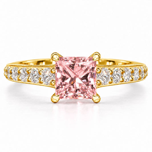 Pink Princess Cut Lab Grown Diamond Engagement Ring - Pave Band in yellow gold, front view