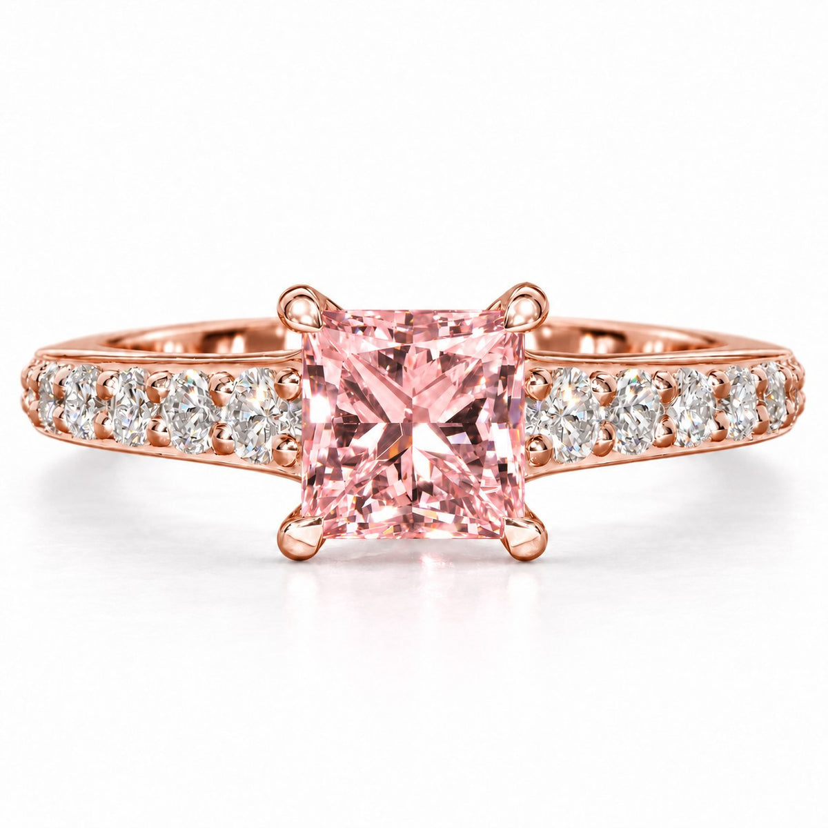 Pink Princess Cut Lab Grown Diamond Engagement Ring - Pave Band in rose gold, front view