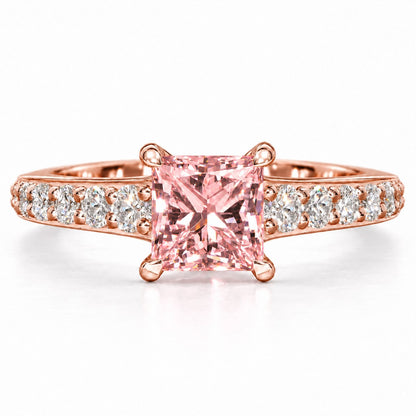 Pink Princess Cut Lab Grown Diamond Engagement Ring - Pave Band in rose gold, front view