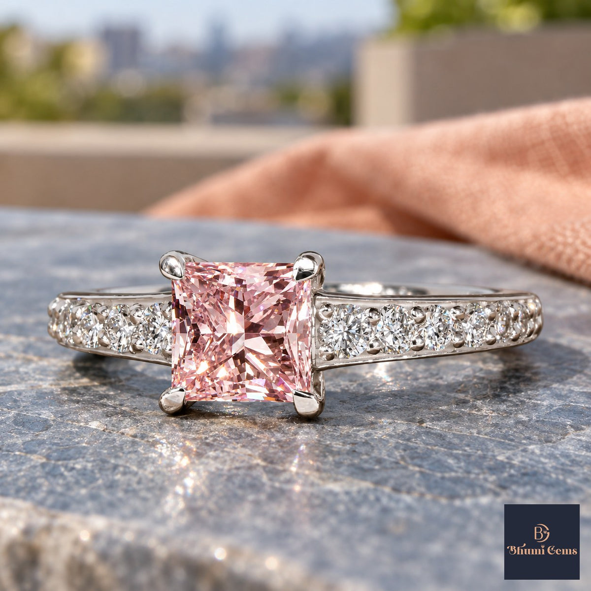 Pink Princess Cut Lab Grown Diamond Engagement Ring - Pave Band in white gold, close-up