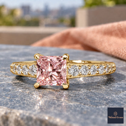 Pink Princess Cut Lab Grown Diamond Engagement Ring - Pave Band in yellow gold, close-up