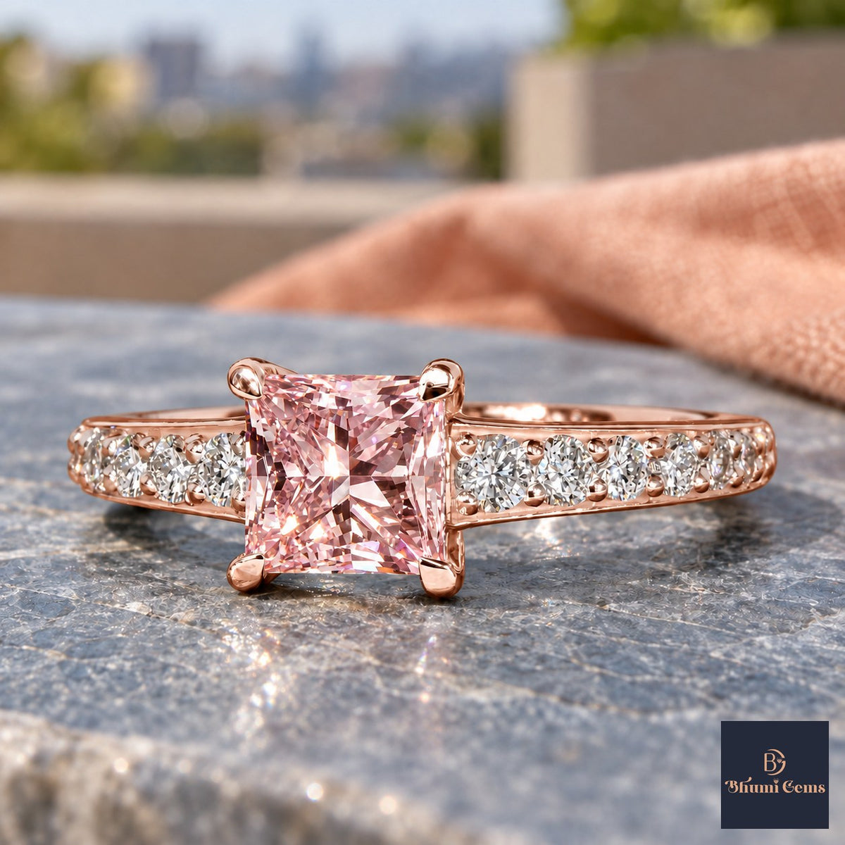 Pink Princess Cut Lab Grown Diamond Engagement Ring - Pave Band in rose gold, close-up